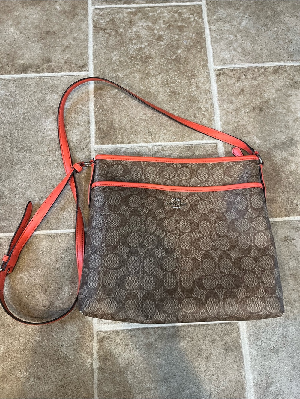 Coach Signature FILE Crossbody Bag F58297 Monogram with Orange Trim